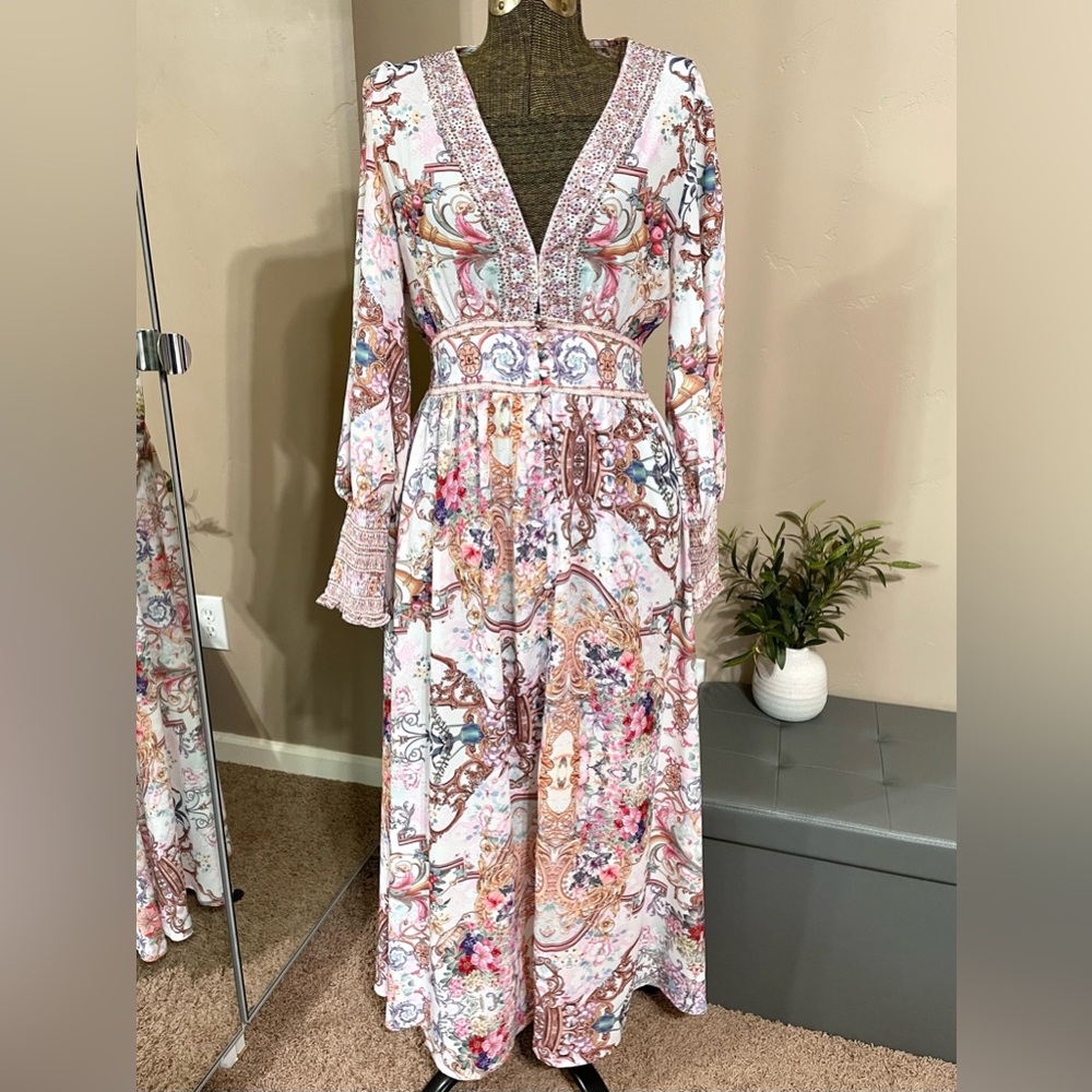 Boho Baroque Floral Maxi Dress Flowy Long Sleeve V Neck Scarf Print Cottagecore - Picture 2 of 15